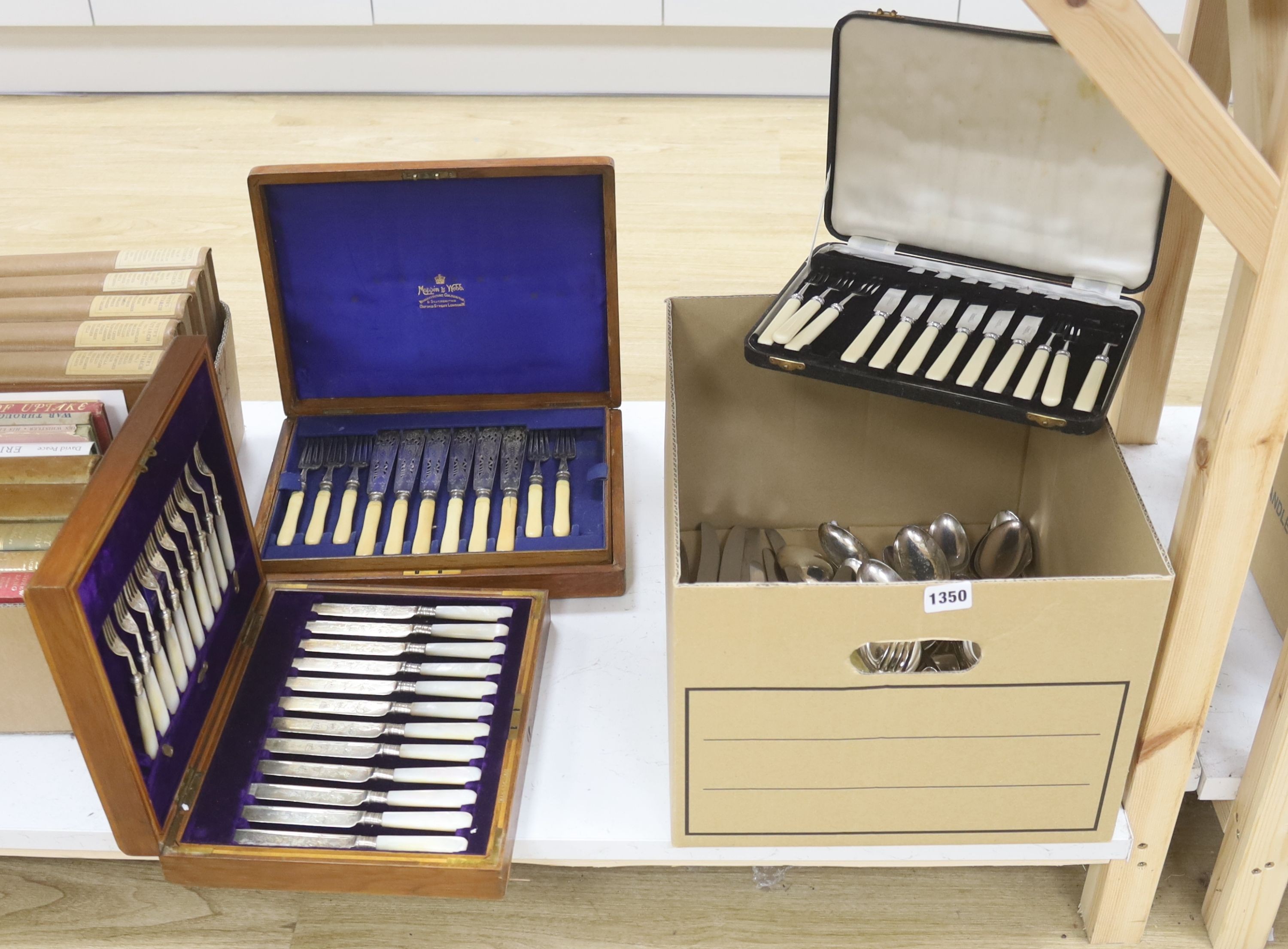 A cased set of 12 Mappin & Webb silver side knives and forks together with other silver plated and other cutlery (qty)